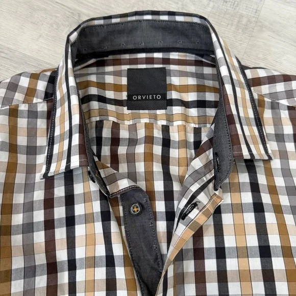 Orvieto Men's Long Sleeve Checkered Button Down Shirt in Neutral Tones Size M - Picture 15 of 17